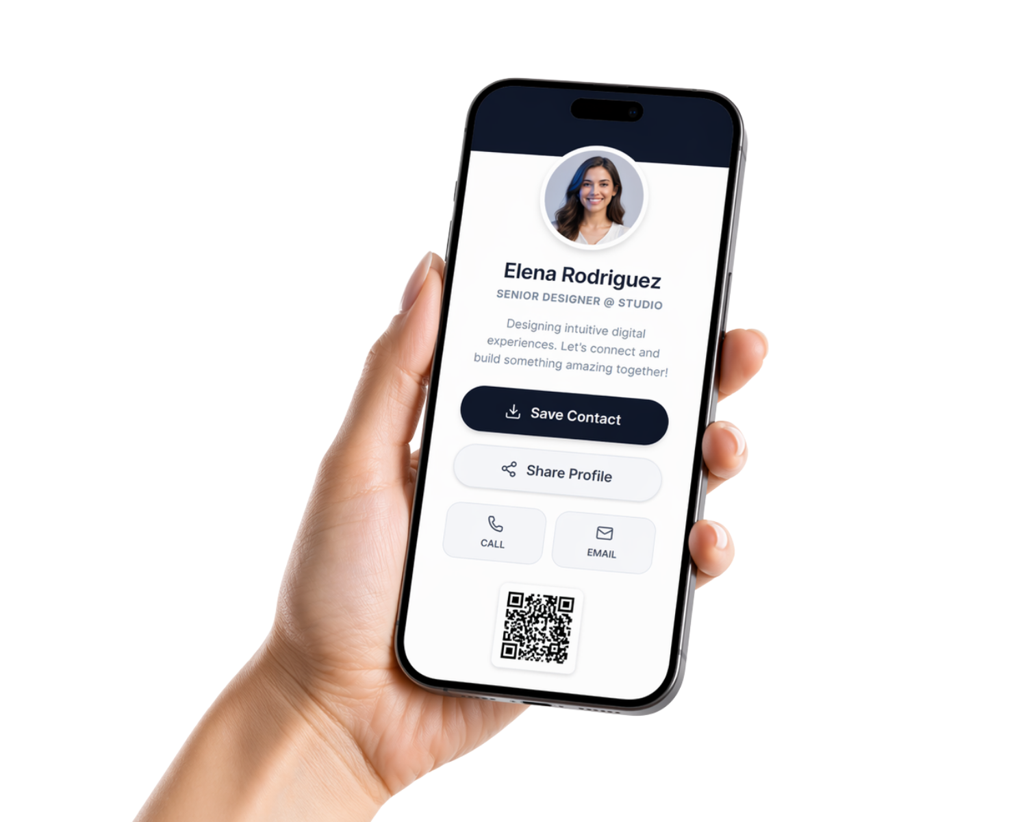 Digital business card on a phone — save contact, share, call, email and QR