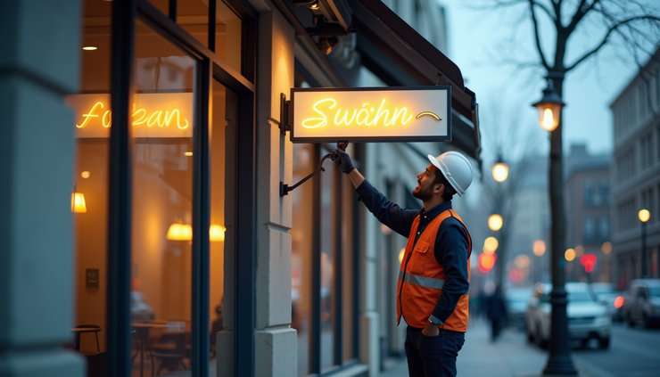 Close-up view of new signage being installed on a storefront