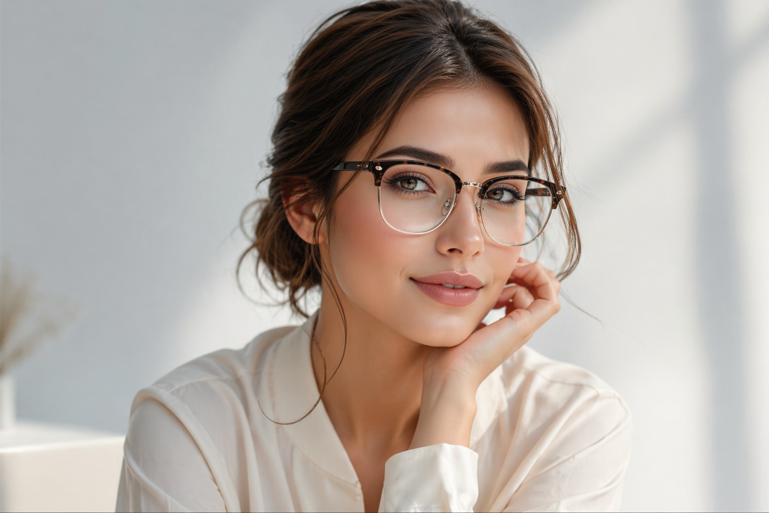 Person confidently trying on premium eyeglasses