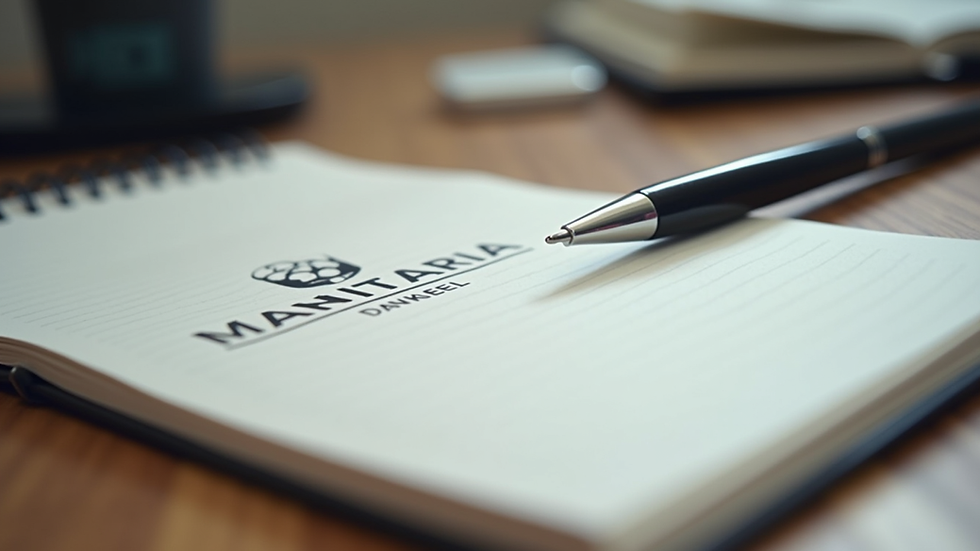 Eye-level view of a notebook with brand identity notes and a pen