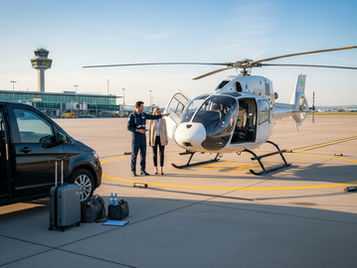Zwei Personen neben einem weißen Hubschrauber auf dem Rollfeld. Schwarzer Wagen im Vordergrund, blauer Himmel, Flughafen im Hintergrund.
