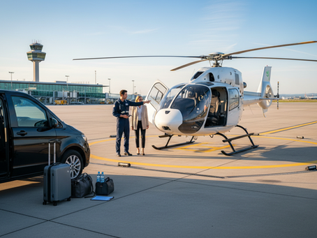 Zwei Personen neben einem weißen Hubschrauber auf dem Rollfeld. Schwarzer Wagen im Vordergrund, blauer Himmel, Flughafen im Hintergrund.