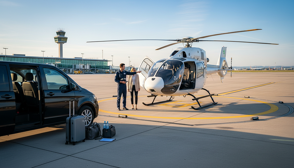 Zwei Personen neben einem weißen Hubschrauber auf dem Rollfeld. Schwarzer Wagen im Vordergrund, blauer Himmel, Flughafen im Hintergrund.