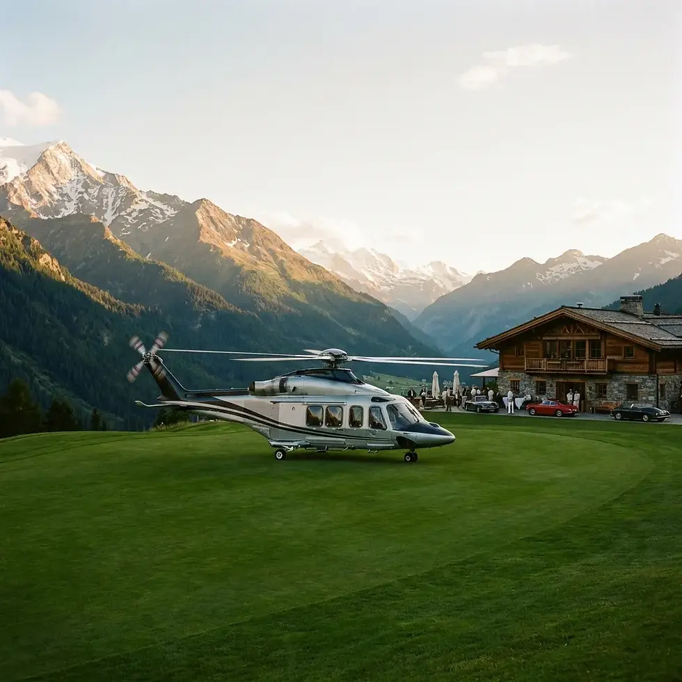 Hubschrauber auf grünem Feld vor Blockhütte in den Bergen. Abendstimmung, klare Sicht, Menschen im Hintergrund. Luxuriöse Atmosphäre.