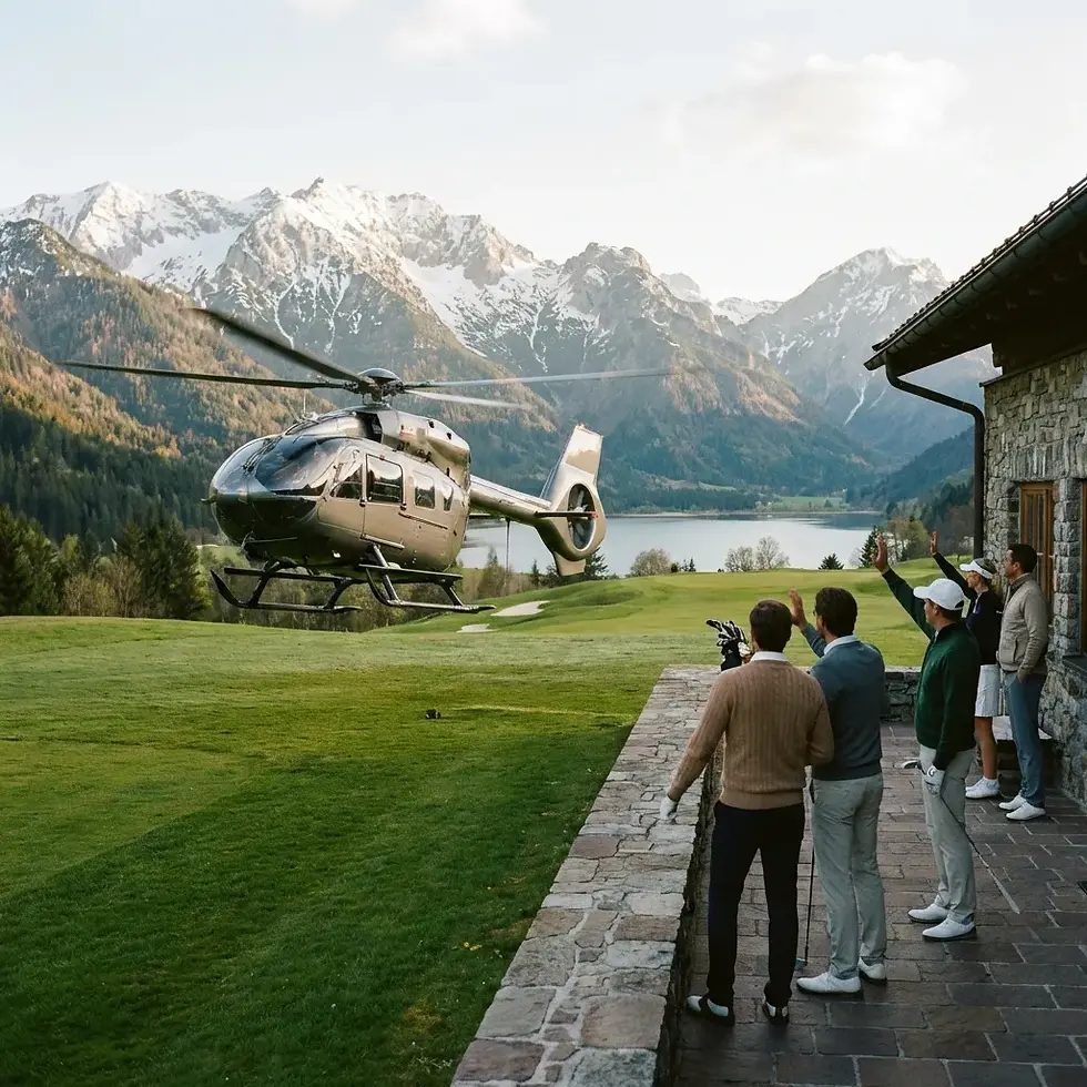 Helicopter landing on grass near a stone building, with mountains and a lake in the background. Five people waving, creating a joyful mood.