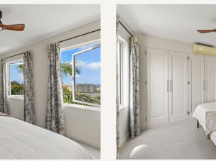 Tropical bedroom with white linens, ceiling fan, and open balcony doors designed for airflow and restful sleep in Curaçao.