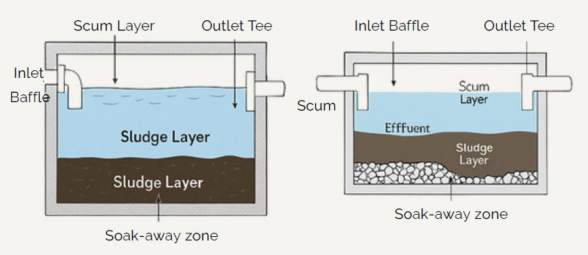Infographic showing beerpunt (septic) system cross‑sections in Curaçao, with sludge and scum layers, soak‑away zones, and labeled tank components for proper maintenance.