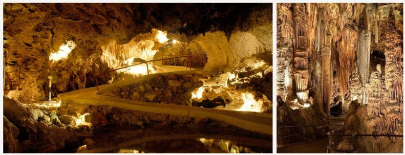 Illuminated interior of Hato Caves in Curaçao showing limestone formations, winding paths, and dramatic natural chambers.
