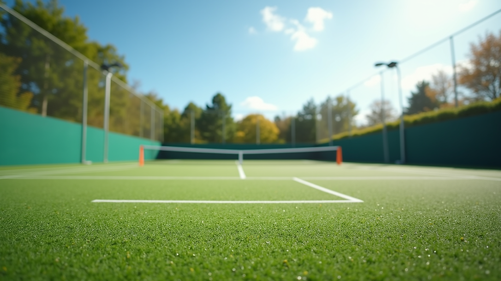 wide angle view of an outdoor padel court with artificial turf and lighting poles