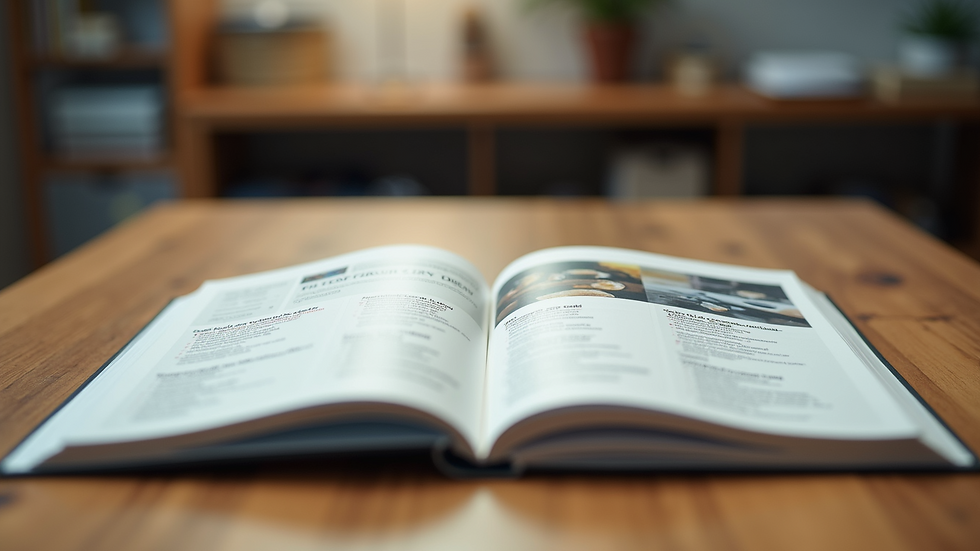 Eye-level view of a vendor catalog open on a table showing product listings