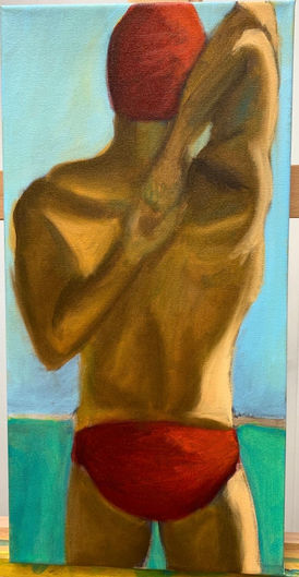 Painting of Male swimmer stretching tricep