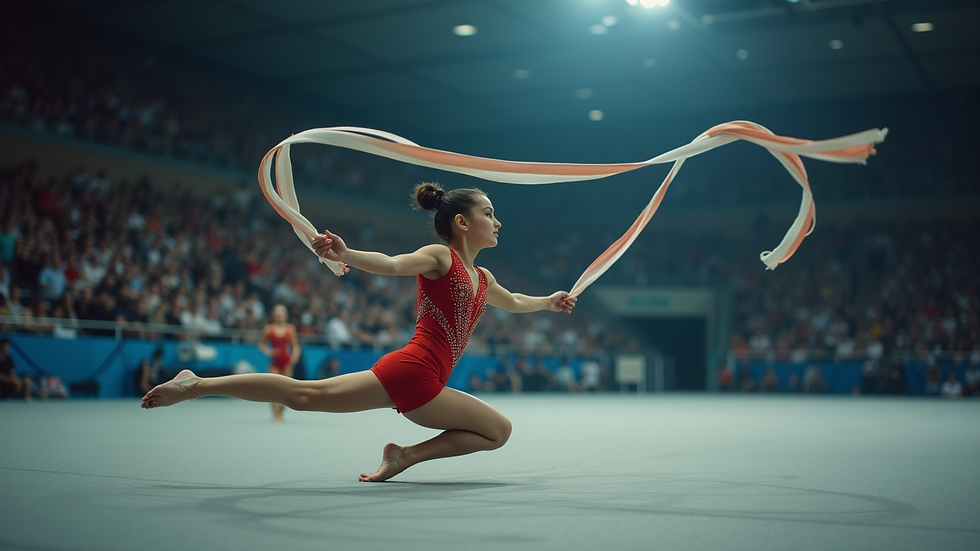Eye-level view of a rhythmic gymnast performing with a ribbon