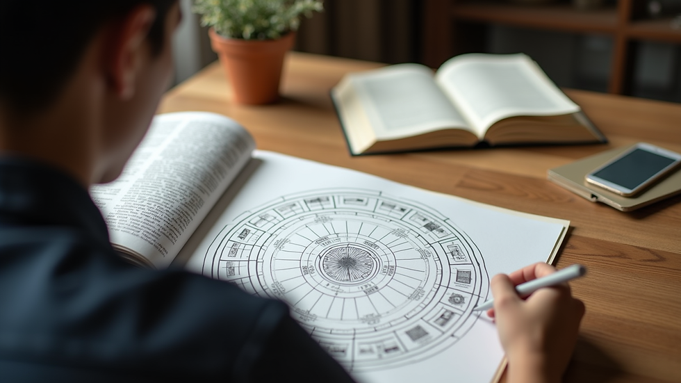 Close-up view of a student analyzing BaZi charts with notes and reference books