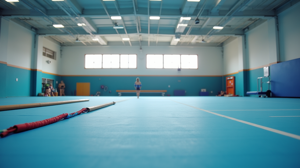 Eye-level view of a rhythmic gymnastics training hall with apparatus neatly arranged
