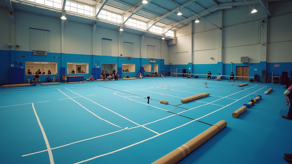 High angle view of rhythmic gymnastics apparatus neatly arranged in a training hall