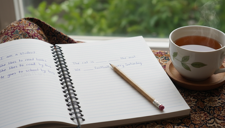 Close-up view of a notebook with beginner English sentences and a pencil beside it