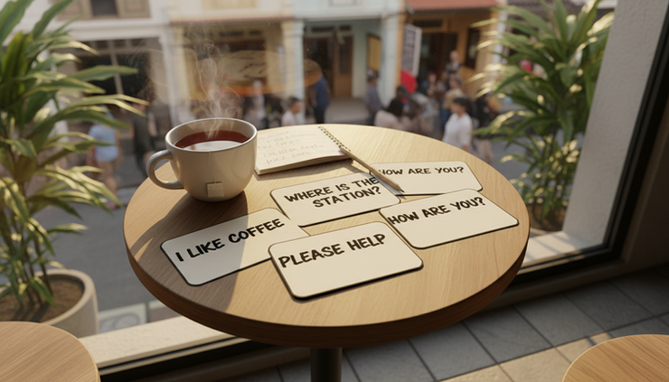 Overhead view of beginner English practice cards on a café table.