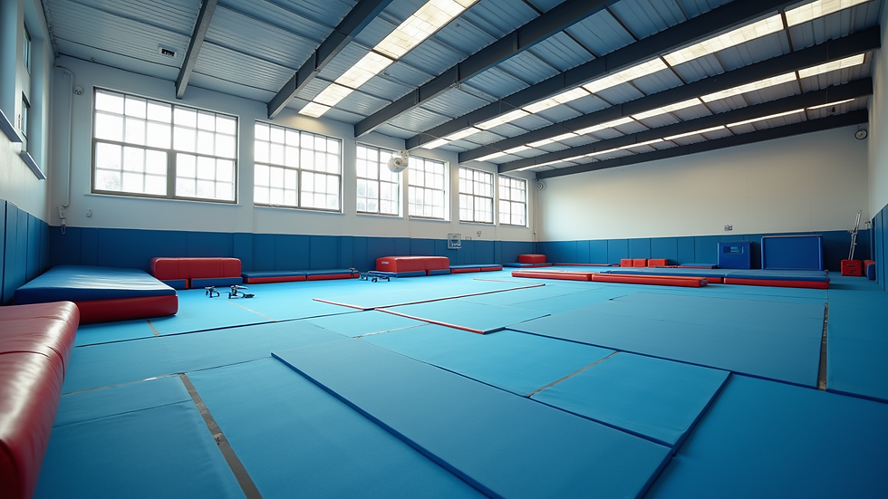 Wide angle view of spacious gymnastics training hall with apparatus and mats