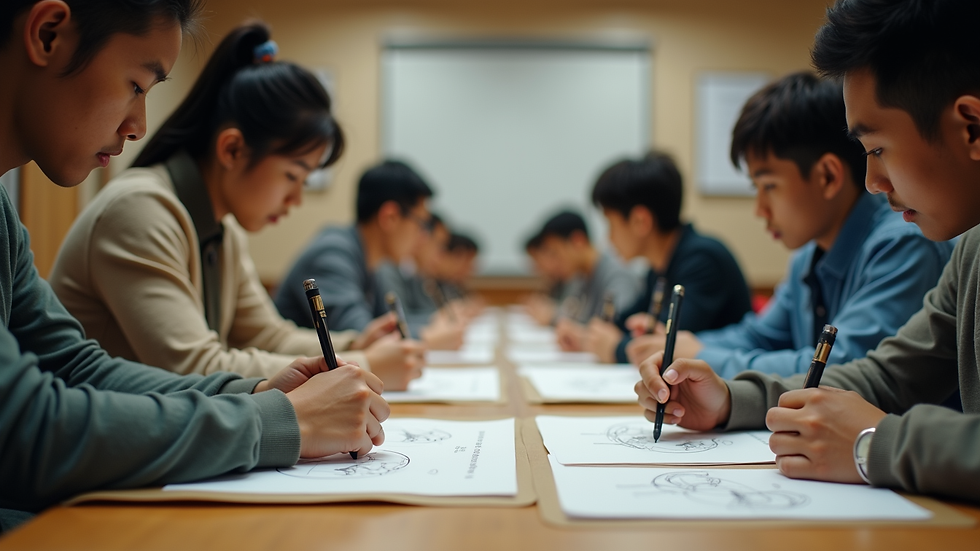 Close-up view of a classroom setting with students studying Wu Xing diagrams
