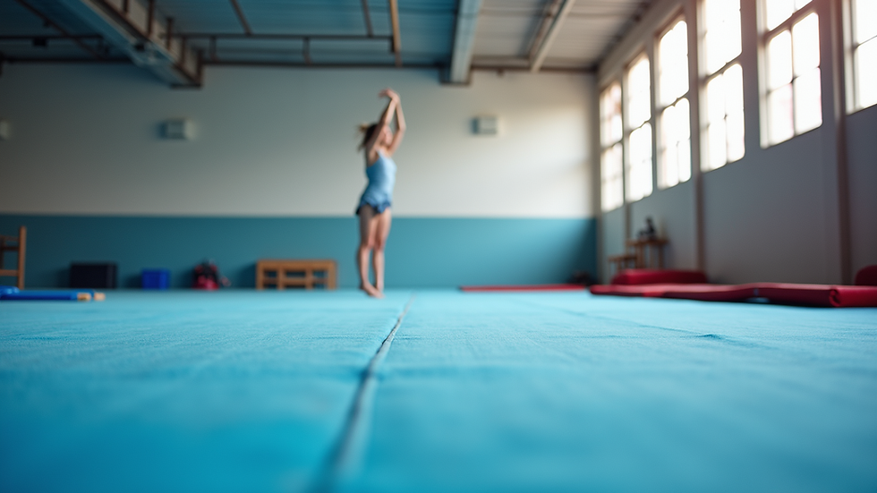 Eye-level view of rhythmic gymnastics training hall with apparatus and mats