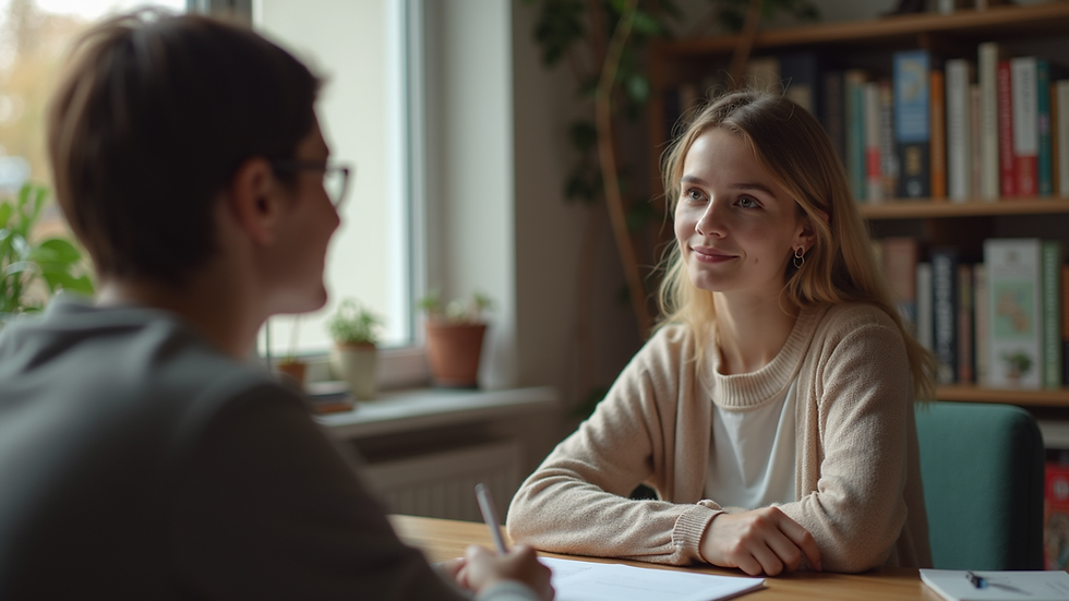 Close-up view of a student practicing English speaking with a tutor in a cozy study room