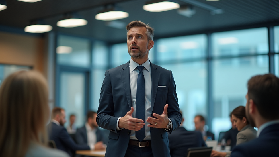 Close-up view of a professional giving a presentation in a corporate setting