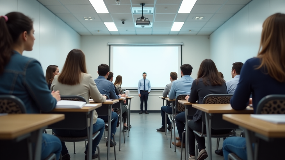 Eye-level view of a modern classroom with students engaged in a group discussion