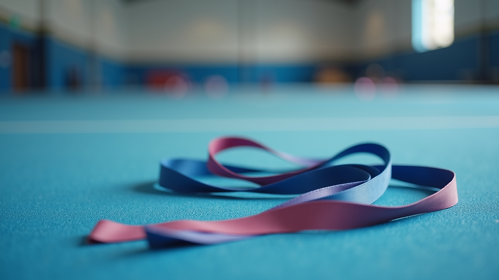 Close-up view of rhythmic gymnastics ribbons coiled neatly on a training mat