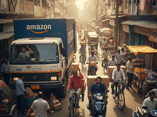 A split image. On the left, a vast, interconnected web of digital nodes and lines represents the widespread network of a large e-commerce platform. The Amazon logo is subtly integrated within this network. On the right, a vibrant scene of people in a Tier 3 Indian city are interacting through their mobile phones, showcasing a more localized and community-focused shopping experience.