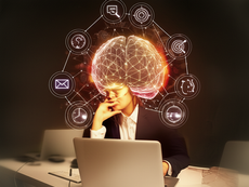 A stylized image for a blog post about startup intern hiring mistakes. It features a young woman sitting at a desk with a laptop, looking thoughtful. Hovering above her head is a glowing, interconnected network representing a brain, surrounded by various icons symbolizing common hiring stages and potential pitfalls, such as reviewing resumes (magnifying glass), setting goals (target), managing time (clock), and communication (envelope), all suggesting the cognitive effort and potential errors in the hiring process for startup founders in 2025.