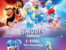 Baskin Robbins India Smurfs-themed ice cream collaboration with The Smurfs movie, featuring blue-colored desserts and themed packaging.