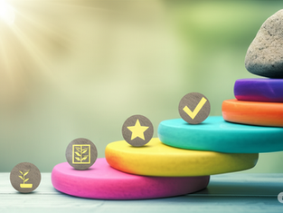 An image illustrating the concept of "small wins psychology," showing a series of colorful, stacked circles, like a staircase, with icons representing progress and momentum.