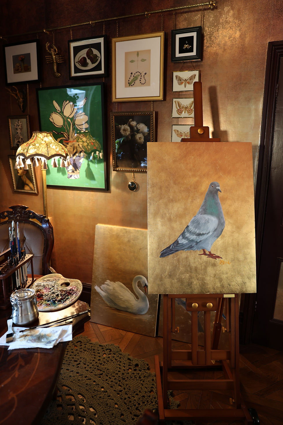 Thumbnail: Domestic Pigeon - oil on metal leaf