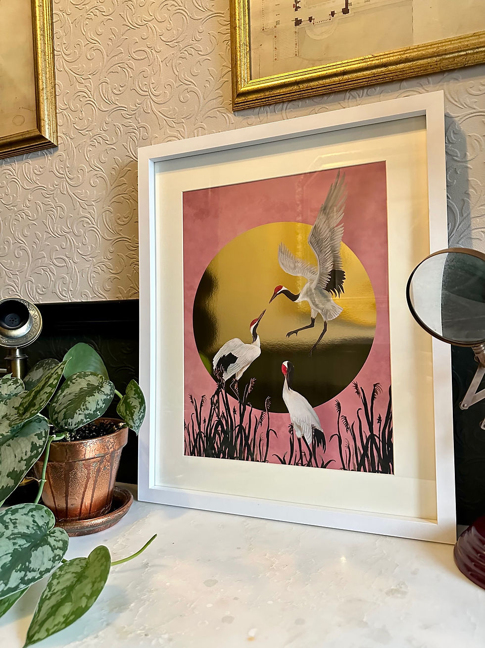 Thumbnail: Gold Foiled Crane Art Print - Blush pink A3