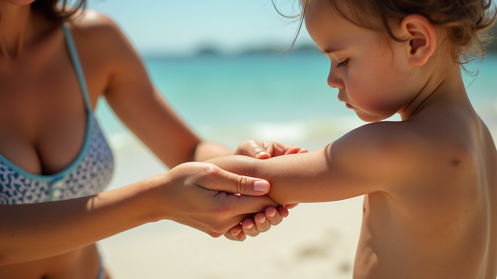 High angle view of sunscreen being applied to a child’s arm