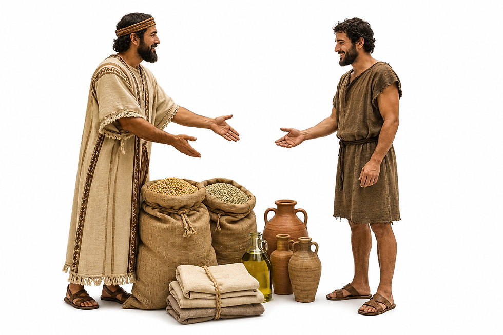 Two men in ancient dress bartering.