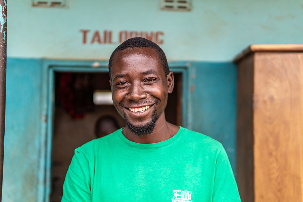 A photo of Jeff, with the caption: "I completed school a long time ago, but I had nothing to do. I got the chance to learn sewing here."