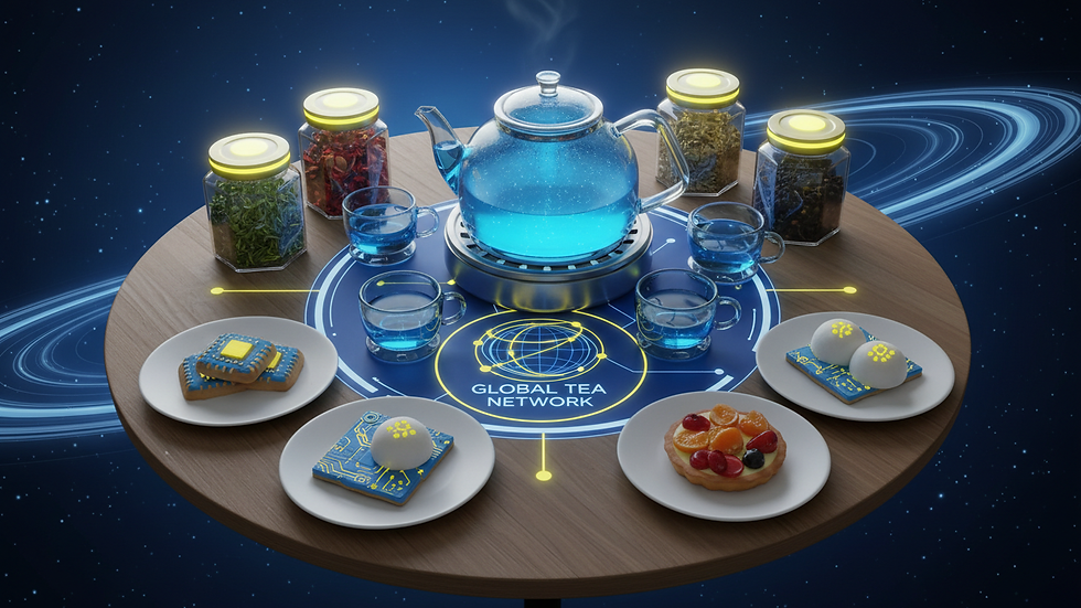 High angle view of a tea set with different types of tea and snacks on a wooden table