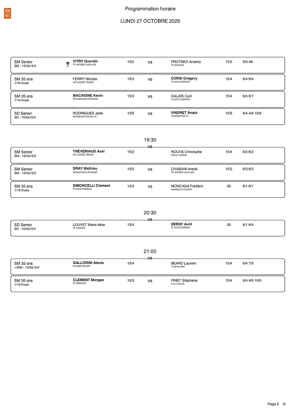 Résultats Journée du Lundi 27 Octobre