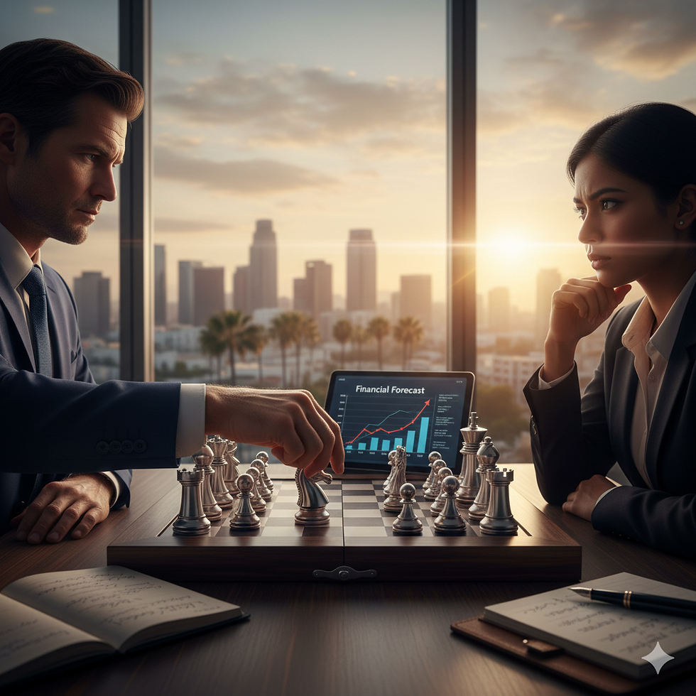 A high-stakes strategic meeting between two professionals playing a game of chess in a high-rise office overlooking a city skyline, with a digital financial forecast chart showing aggressive growth in the background.