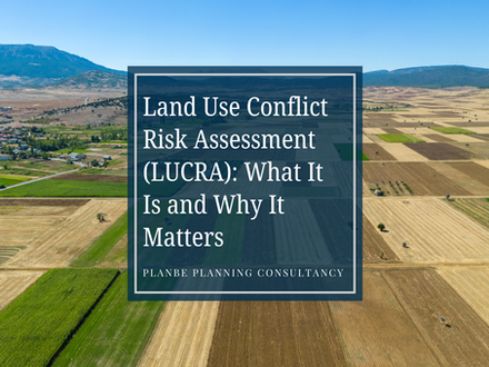 Aerial view of patchwork farmland and mountains with title text: Land Use Conflict Risk Assessment (LUCRA)