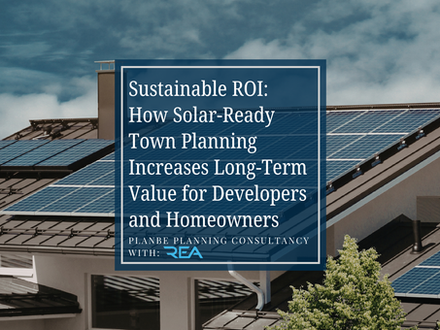 Rooftop solar panels on houses with a blue sky backdrop. Text reads: Sustainable ROI with Planbe Planning Consultancy. Mood: eco-friendly.