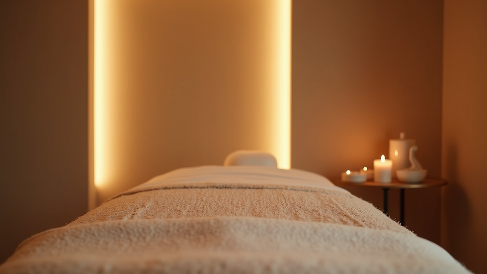 Vue rapprochée d'une salle de massage avec une ambiance tamisée et des bougies