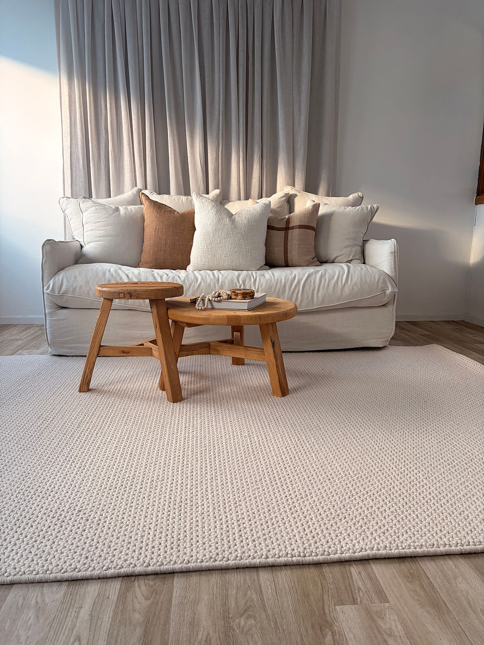 Thumbnail: The Mat Lady, wool carpets mats runners overlocking Hamilton, New Zealand. Seashell whites creams.