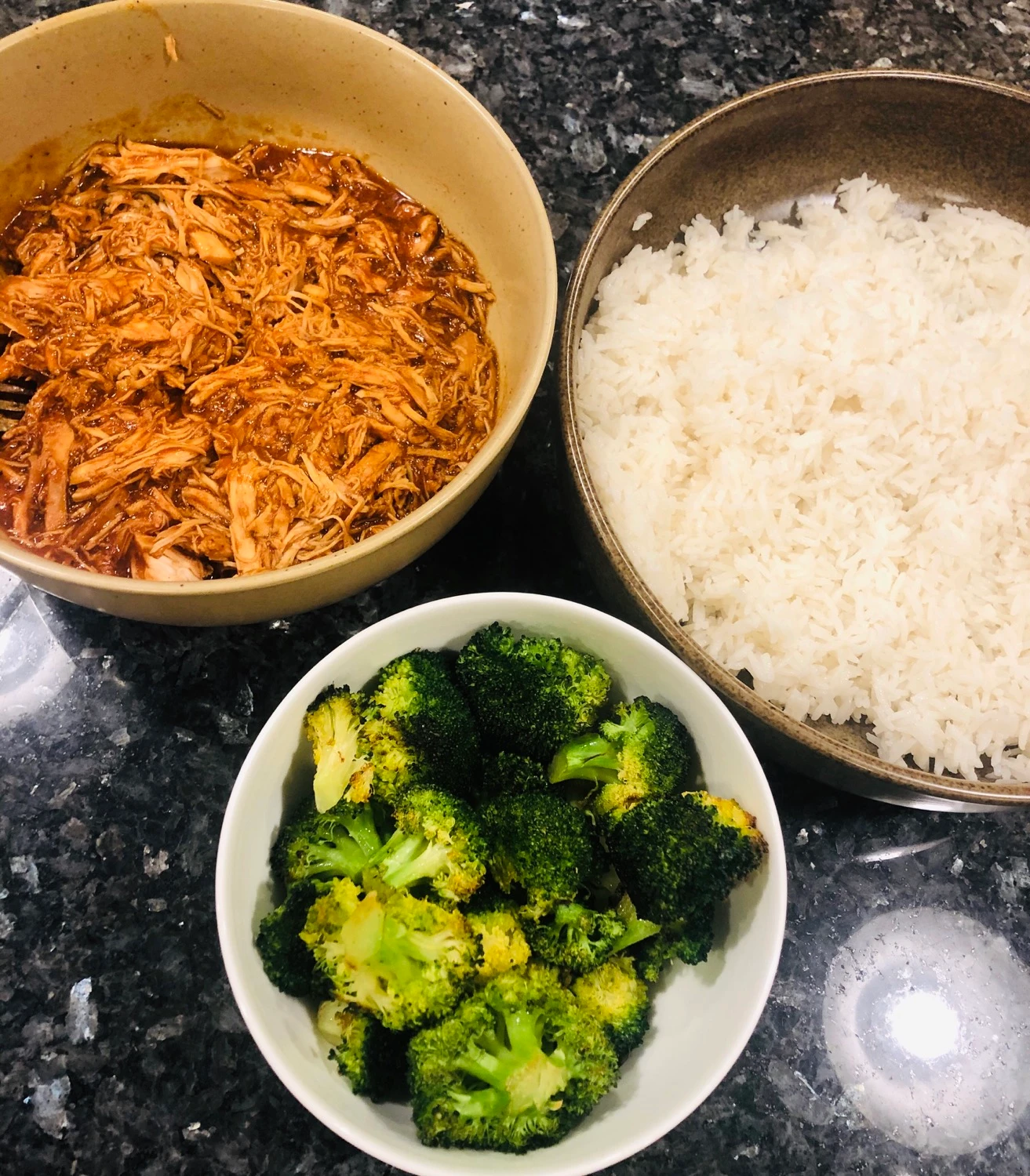 Crockpot Pulled Bbq Chicken With Instapot Rice Roasted Broccoli