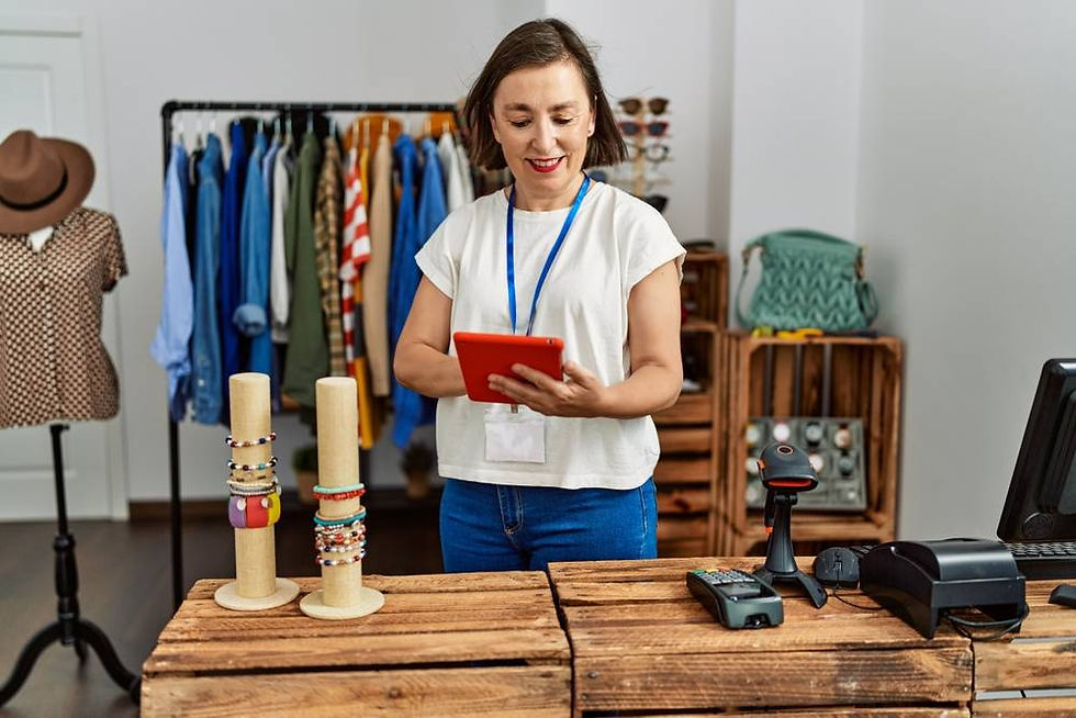 mulher lojista com tablet na mão e sorrindo olhando para ele