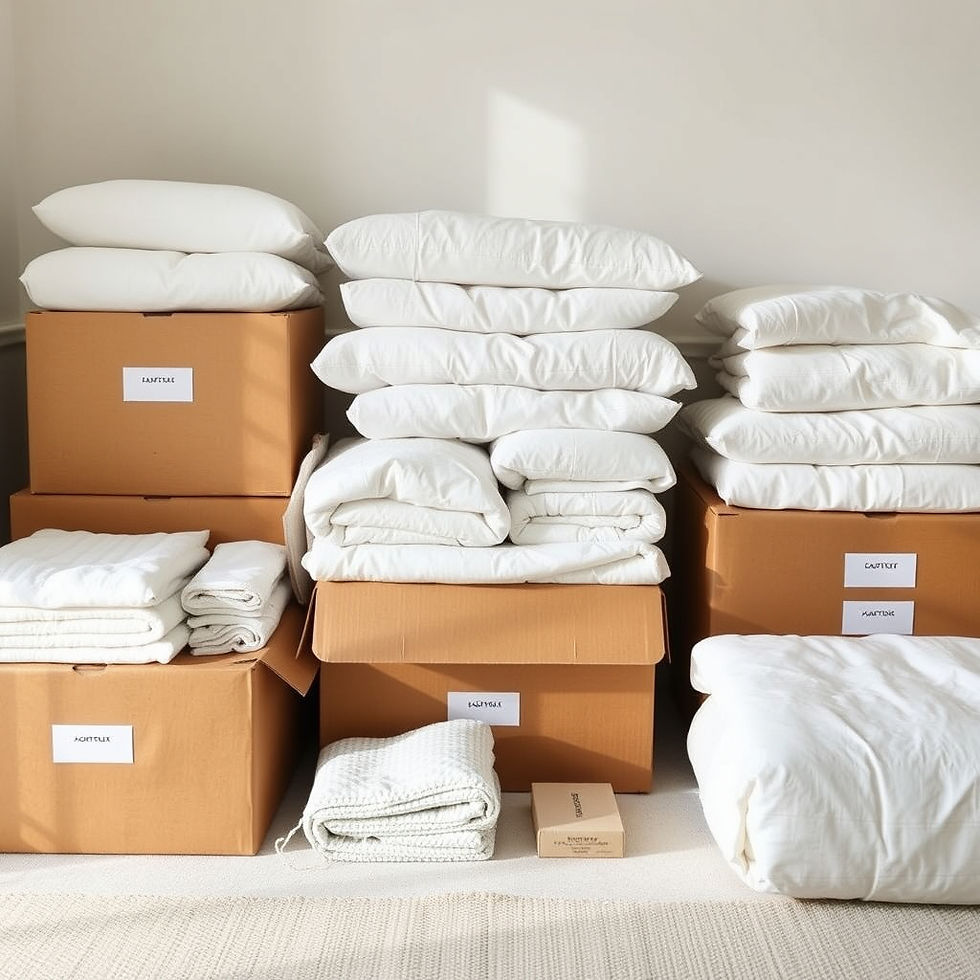 A clean and organized packing scene with labeled boxes, neatly folded linens, wrapped frag