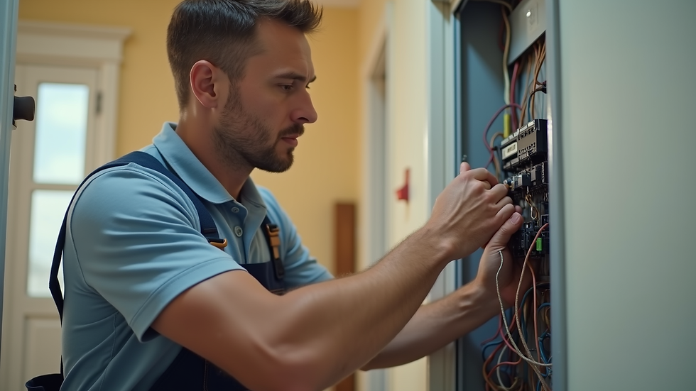 Close-up view of a handyman fixing an electrical panel in a rental property