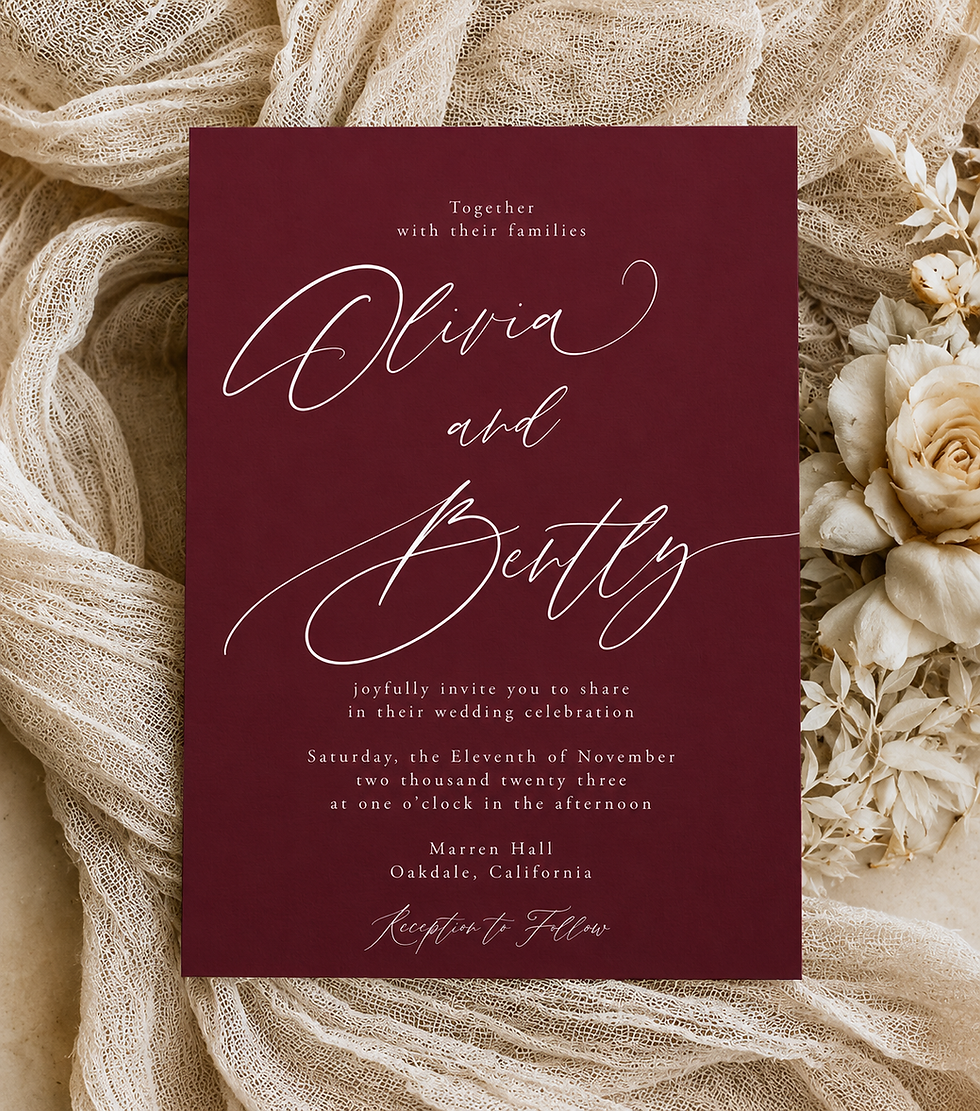 Burgundy wedding invitation with elegant white ink printing