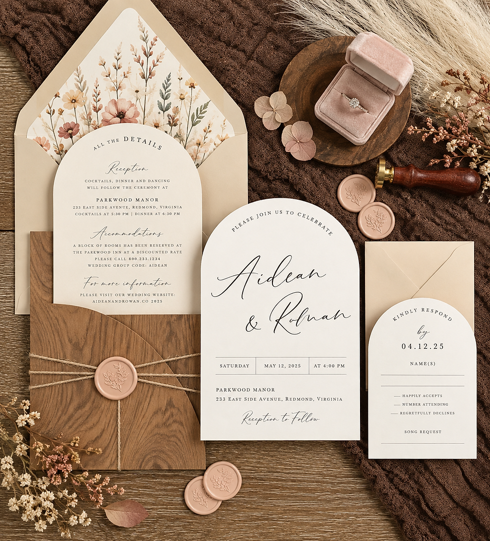 Rustic arch wedding invitation suite with Tindalo wood-grain pocket, Chardonnay stationery, floral liner, twine and blush wax seal.